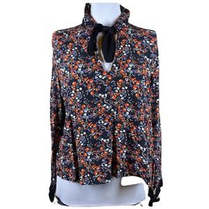 Zara Trafeluc floral blouse w/v neck pointed collar and tie closure size L